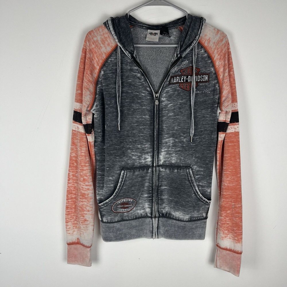 Harley Davidson Gray Hooded Zip-Up Jacket with Rhinestones Women's 2000 Y2K M